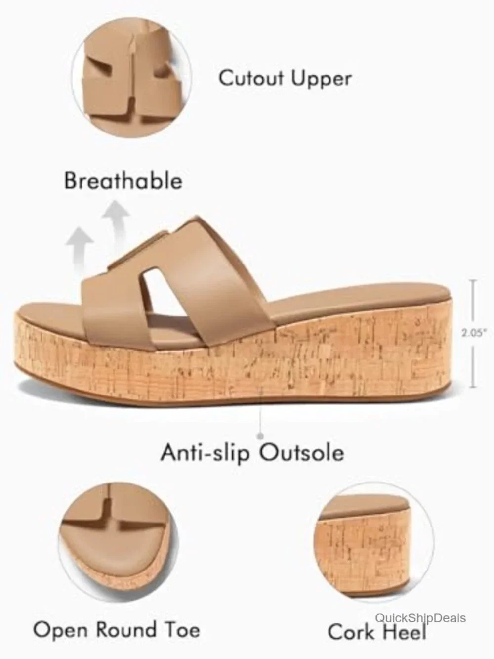 Women Platform Wedge Sandals Open Toe Slip On Cork Heeled Cutout Comfort Summer